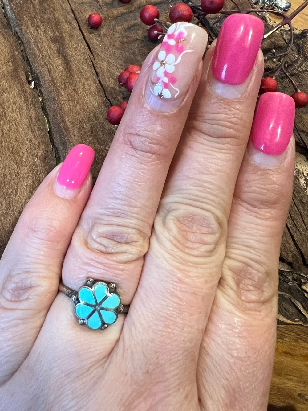 Zuni Dishta Navajo Ring Turquoise Inlay Flower Sterling Silver Floral Blue Green